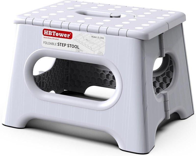 HBTower Folding Step Stool 9 Inch - Holds 600 lb, Non-Slip Surface & Carry Handle - Sturdy Step Stool for Kids, Toddlers & Adults - Compact Foldable Foot Stool for Kitchen, Bathroom, Bedroom(White) - Image 1
